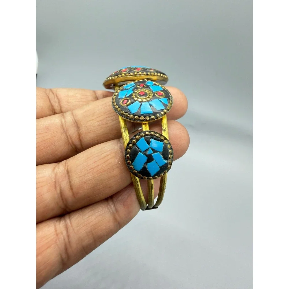 Tibetan Style Cuff Bracelet Blue Red Brass Tone Metal Mosaic Medallions Inlay